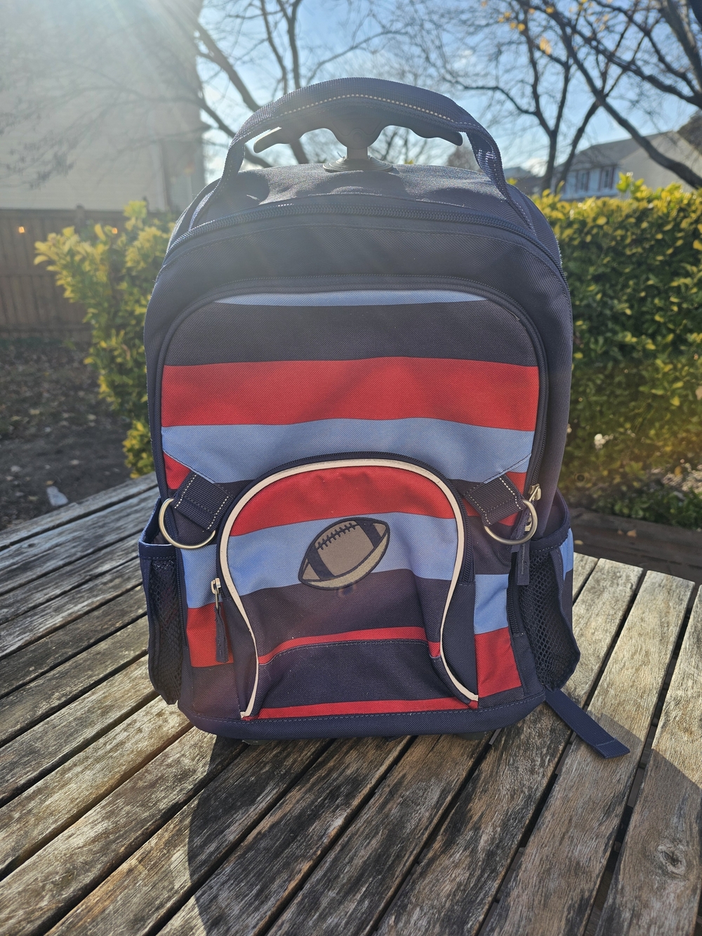 Pottery Barn Kids Striped Navy, Red & Light Blue Roller Backpack